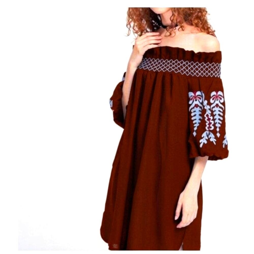 BLEUH CIEL Merlot Boho Embroidered Off-Shoulder Dress - Size S